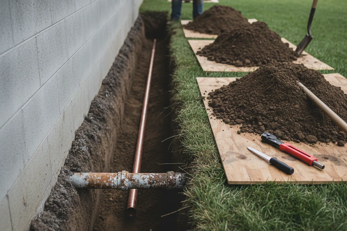 Excavated water line trench during Water Heater Repair in Madisonville
